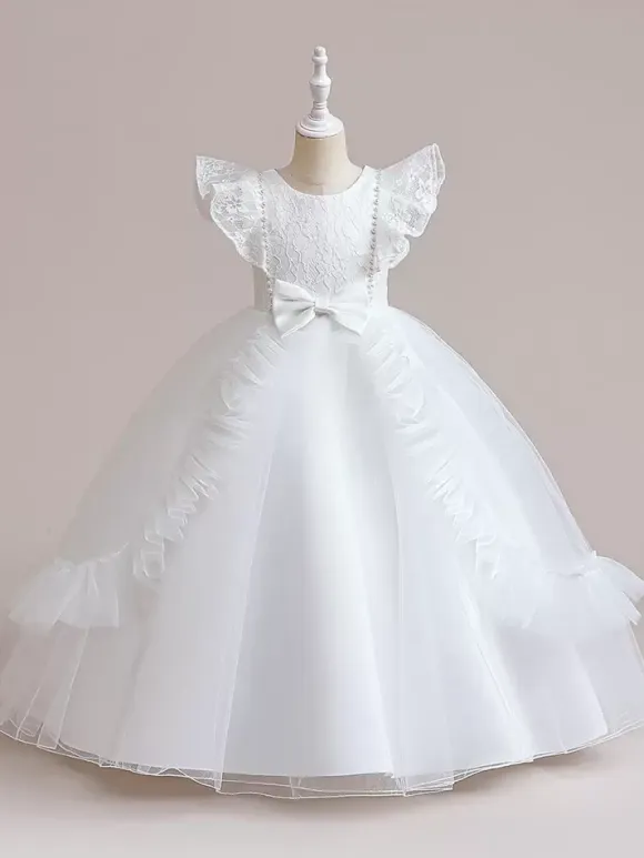 White Flower Girl Dresses Special Occasion Dresses Burgundy Tulle Short Sleeves Jewel Neck Flower Girl Dresses