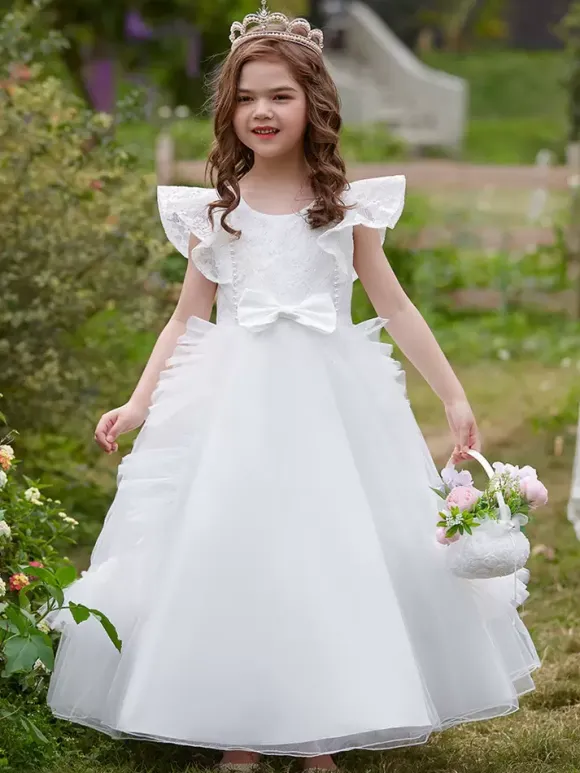 White Flower Girl Dresses Special Occasion Dresses Burgundy Tulle Short Sleeves Jewel Neck Flower Girl Dresses