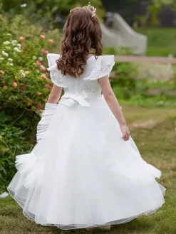 White Flower Girl Dresses Special Occasion Dresses Burgundy Tulle Short Sleeves Jewel Neck Flower Girl Dresses