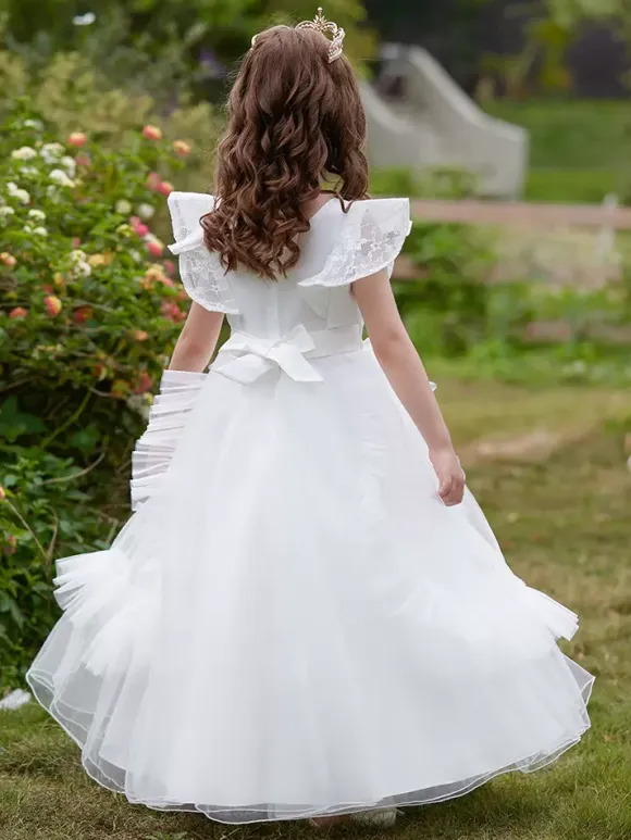 White Flower Girl Dresses Special Occasion Dresses Burgundy Tulle Short Sleeves Jewel Neck Flower Girl Dresses