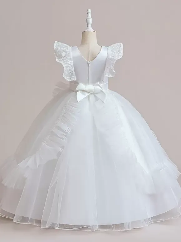 White Flower Girl Dresses Special Occasion Dresses Burgundy Tulle Short Sleeves Jewel Neck Flower Girl Dresses
