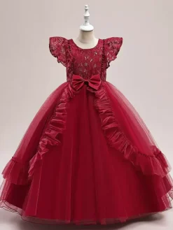 White Flower Girl Dresses Special Occasion Dresses Burgundy Tulle Short Sleeves Jewel Neck Flower Girl Dresses