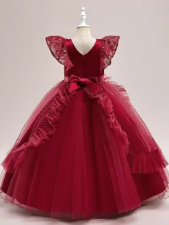 White Flower Girl Dresses Special Occasion Dresses Burgundy Tulle Short Sleeves Jewel Neck Flower Girl Dresses
