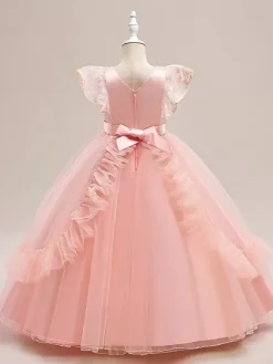 White Flower Girl Dresses Special Occasion Dresses Burgundy Tulle Short Sleeves Jewel Neck Flower Girl Dresses