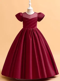 White Flower Girl Dresses Special Occasion Dresses Cameo Pink Satin Fabric Short Sleeves Jewel Neck Flower Girl Dresses
