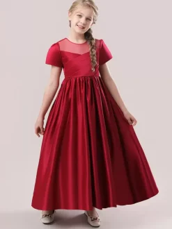 White Flower Girl Dresses Special Occasion Dresses Cameo Pink Satin Fabric Short Sleeves Jewel Neck Flower Girl Dresses