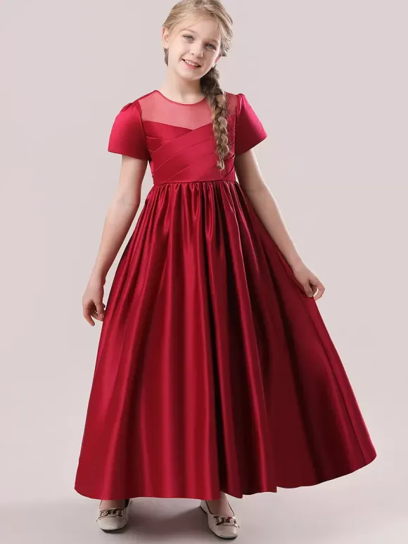 White Flower Girl Dresses Special Occasion Dresses Cameo Pink Satin Fabric Short Sleeves Jewel Neck Flower Girl Dresses