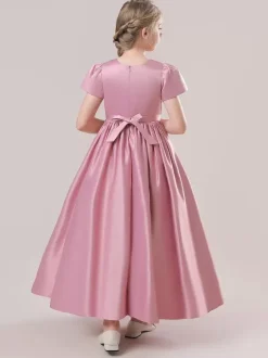 White Flower Girl Dresses Special Occasion Dresses Cameo Pink Satin Fabric Short Sleeves Jewel Neck Flower Girl Dresses