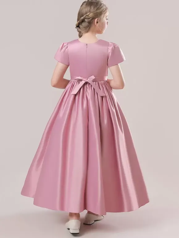 White Flower Girl Dresses Special Occasion Dresses Cameo Pink Satin Fabric Short Sleeves Jewel Neck Flower Girl Dresses