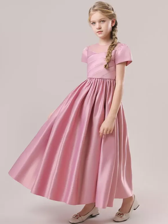 White Flower Girl Dresses Special Occasion Dresses Cameo Pink Satin Fabric Short Sleeves Jewel Neck Flower Girl Dresses