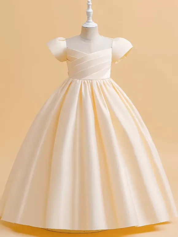 White Flower Girl Dresses Special Occasion Dresses Cameo Pink Satin Fabric Short Sleeves Jewel Neck Flower Girl Dresses