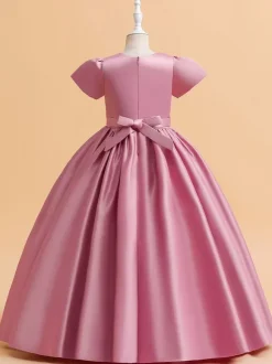 White Flower Girl Dresses Special Occasion Dresses Cameo Pink Satin Fabric Short Sleeves Jewel Neck Flower Girl Dresses