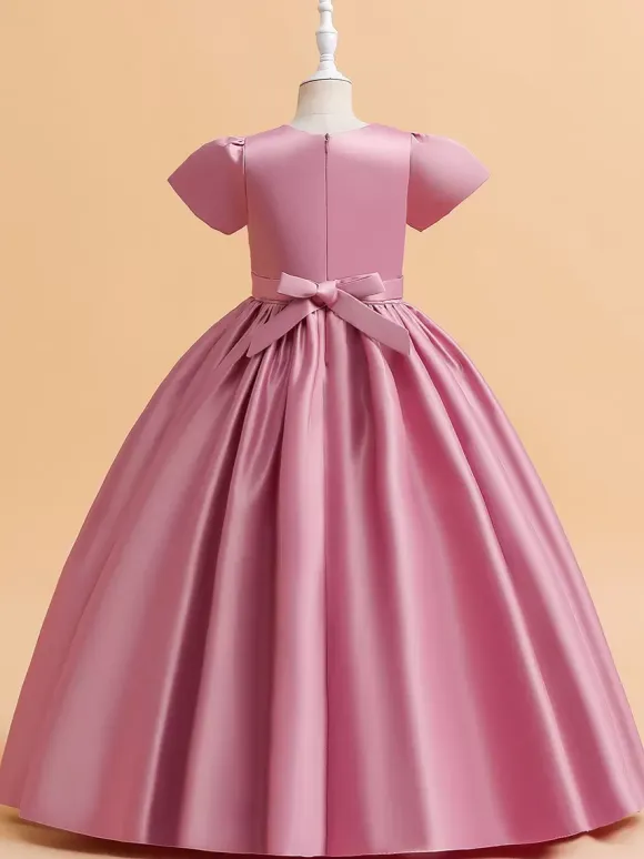 White Flower Girl Dresses Special Occasion Dresses Cameo Pink Satin Fabric Short Sleeves Jewel Neck Flower Girl Dresses