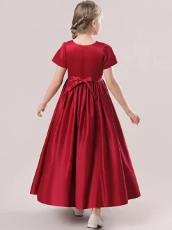 White Flower Girl Dresses Special Occasion Dresses Cameo Pink Satin Fabric Short Sleeves Jewel Neck Flower Girl Dresses