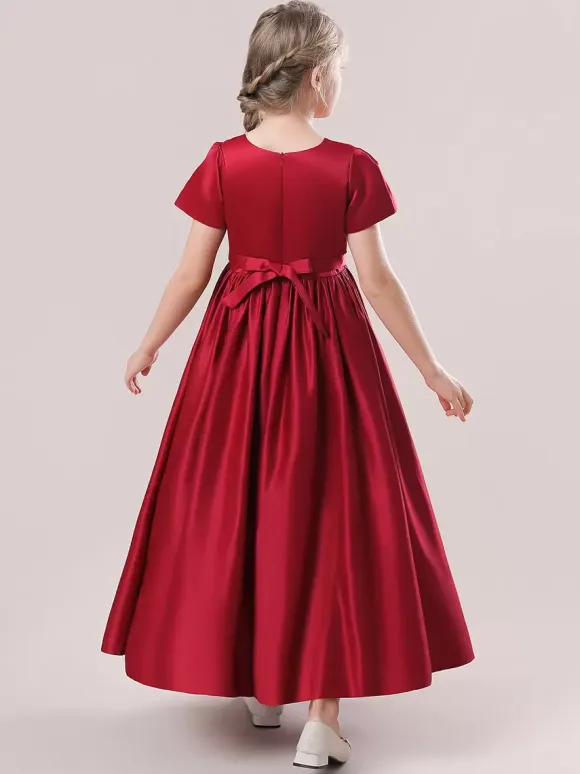 White Flower Girl Dresses Special Occasion Dresses Cameo Pink Satin Fabric Short Sleeves Jewel Neck Flower Girl Dresses