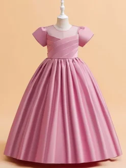 White Flower Girl Dresses Special Occasion Dresses Cameo Pink Satin Fabric Short Sleeves Jewel Neck Flower Girl Dresses