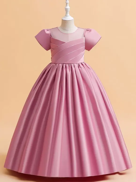 White Flower Girl Dresses Special Occasion Dresses Cameo Pink Satin Fabric Short Sleeves Jewel Neck Flower Girl Dresses