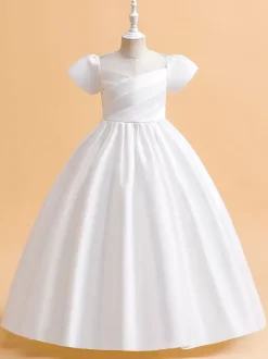 White Flower Girl Dresses Special Occasion Dresses Cameo Pink Satin Fabric Short Sleeves Jewel Neck Flower Girl Dresses
