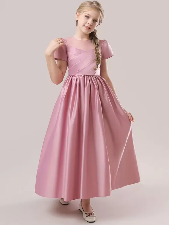 White Flower Girl Dresses Special Occasion Dresses Cameo Pink Satin Fabric Short Sleeves Jewel Neck Flower Girl Dresses
