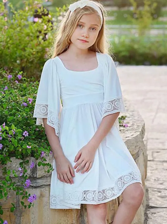 White Flower Girl Dresses Square Neckline Short Sleeves Short A-Line Kids Social Party Dresses