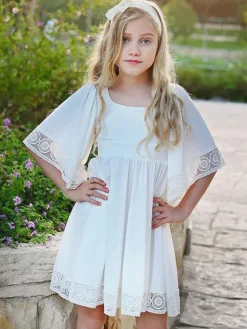 White Flower Girl Dresses Square Neckline Short Sleeves Short A-Line Kids Social Party Dresses