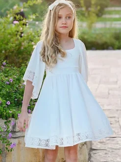 White Flower Girl Dresses Square Neckline Short Sleeves Short A-Line Kids Social Party Dresses