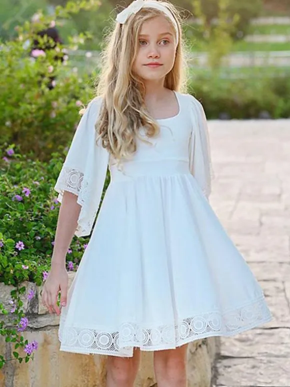 White Flower Girl Dresses Square Neckline Short Sleeves Short A-Line Kids Social Party Dresses