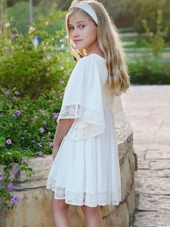 White Flower Girl Dresses Square Neckline Short Sleeves Short A-Line Kids Social Party Dresses
