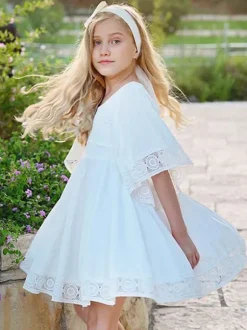 White Flower Girl Dresses Square Neckline Short Sleeves Short A-Line Kids Social Party Dresses