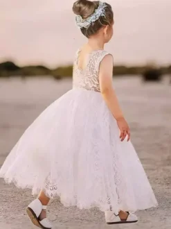 White Flower Girl Dresses White Lace Sleeveless Jewel Neck Flower Girl Dresses