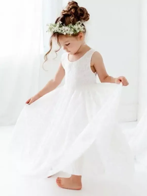 White Flower Girl Dresses White Lace Sleeveless Jewel Neck Flower Girl Dresses