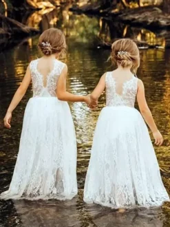 White Flower Girl Dresses White Lace Sleeveless Jewel Neck Flower Girl Dresses