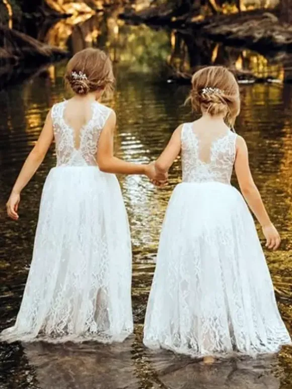 White Flower Girl Dresses White Lace Sleeveless Jewel Neck Flower Girl Dresses
