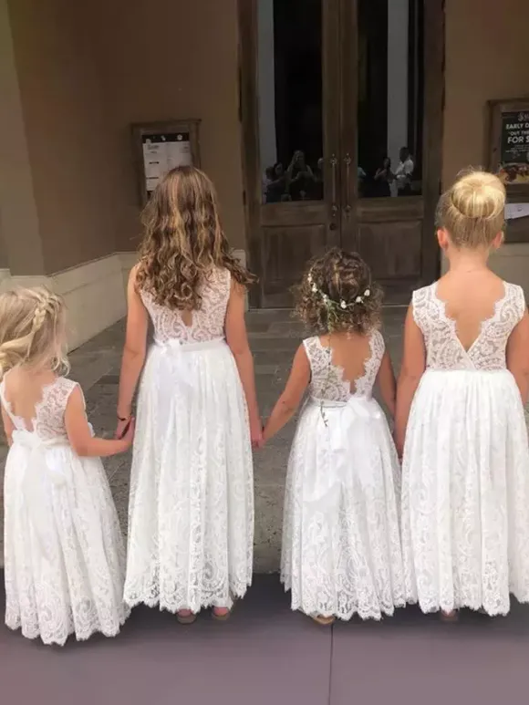 White Flower Girl Dresses White Lace Sleeveless Jewel Neck Flower Girl Dresses