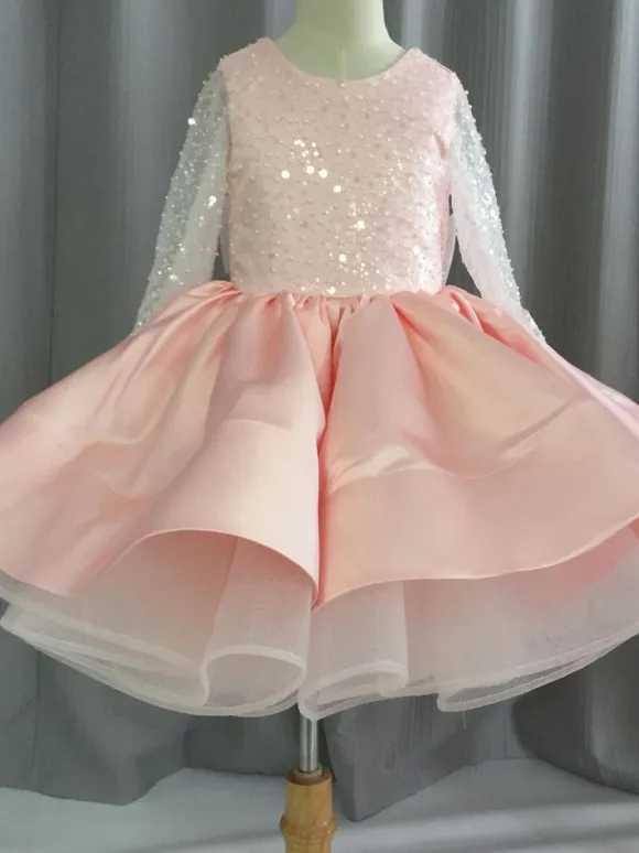 White Flower Girl Dress Lace Jewel Neck Long Sleeves Girls Party Dresses