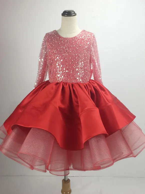 White Flower Girl Dress Lace Jewel Neck Long Sleeves Girls Party Dresses