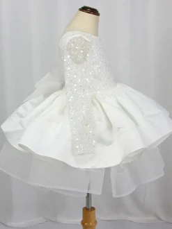 White Flower Girl Dress Lace Jewel Neck Long Sleeves Girls Party Dresses