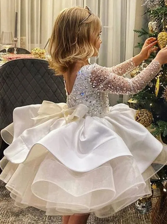 White Flower Girl Dress Lace Jewel Neck Long Sleeves Girls Party Dresses