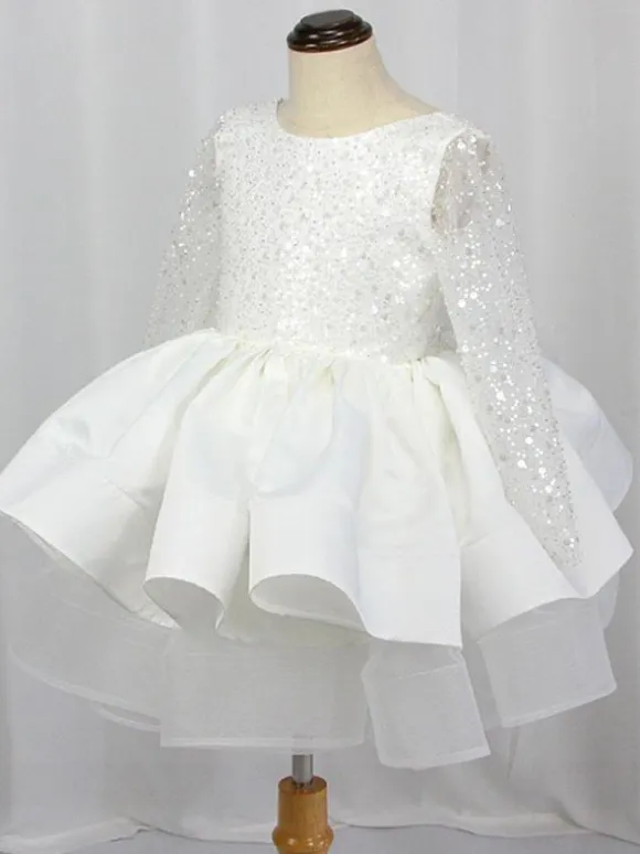 White Flower Girl Dress Lace Jewel Neck Long Sleeves Girls Party Dresses