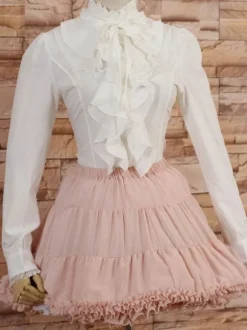White High Collar Lolita Blouse Long Sleeves with Ruffles