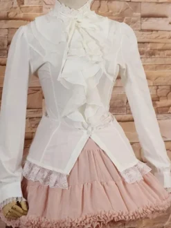 White High Collar Lolita Blouse Long Sleeves with Ruffles