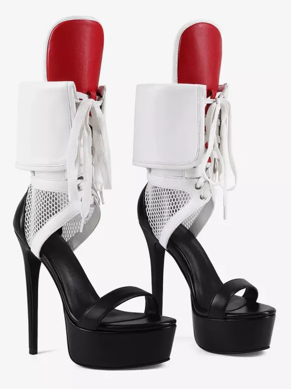 White High Heel Sandals Women's Platform Open Toe Cut Out Lace Up Sandal Shoes
