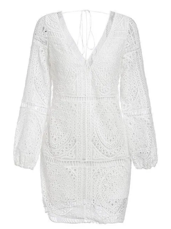 White Lace Boho Dress for Women - Backless Long Sleeve V Neck Mini Dress - Summer Beach Vacation Outfit 2026