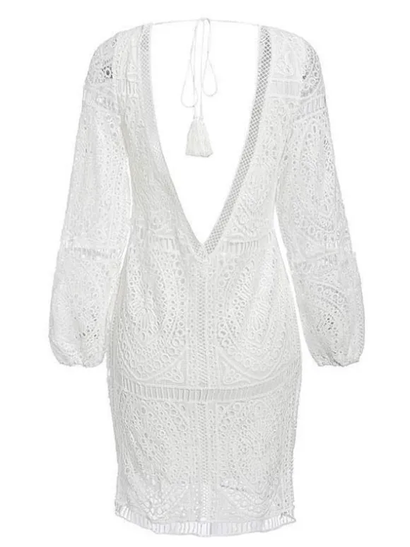 White Lace Boho Dress for Women - Backless Long Sleeve V Neck Mini Dress - Summer Beach Vacation Outfit 2026