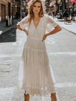 White Lace Boho Maxi Dress for Women - Dot Tiered V Neck Long Gown - Summer Beach Wedding Guest 2026