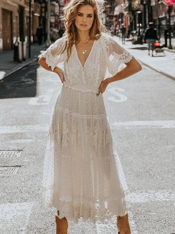 White Lace Boho Maxi Dress for Women - Dot Tiered V Neck Long Gown - Summer Beach Wedding Guest 2026