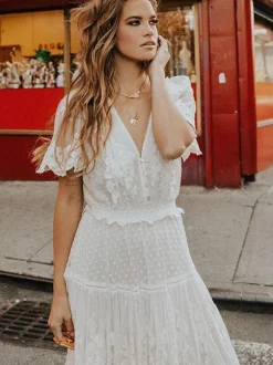 White Lace Boho Maxi Dress for Women - Dot Tiered V Neck Long Gown - Summer Beach Wedding Guest 2026