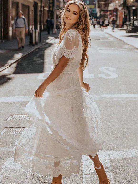White Lace Boho Maxi Dress for Women - Dot Tiered V Neck Long Gown - Summer Beach Wedding Guest 2026