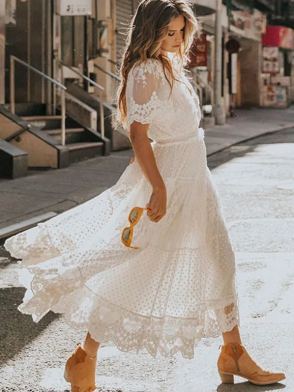 White Lace Boho Maxi Dress for Women - Dot Tiered V Neck Long Gown - Summer Beach Wedding Guest 2026