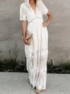 White Lace Boho Maxi Dress for Women - V Neck Short Sleeve Sheer Long Dress - Summer Beach Bridal Resort Wear 2026